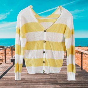 White Yellow Cardigan V Neck Summer Light Long Sleeve Sweater